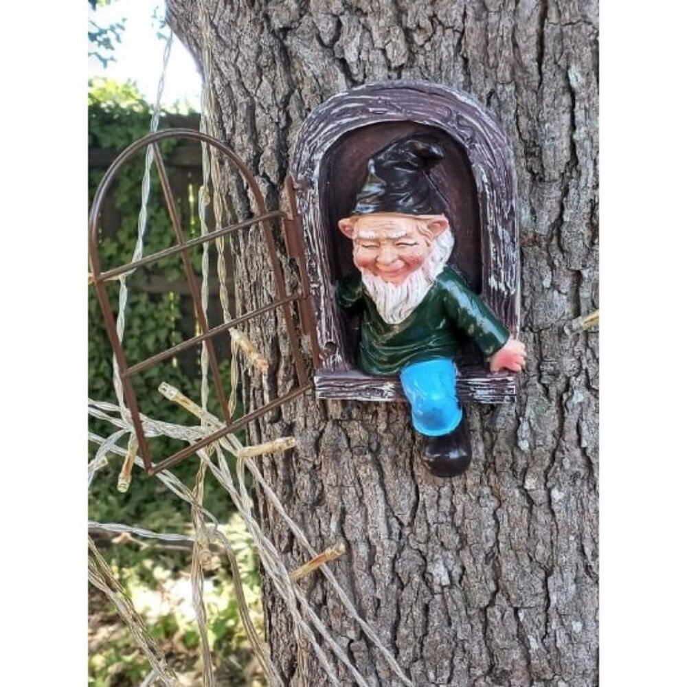 Garden Gnomes Elf Out The Door Tree Hugger, 3D Dwarves Outdoor Tree Sculpture